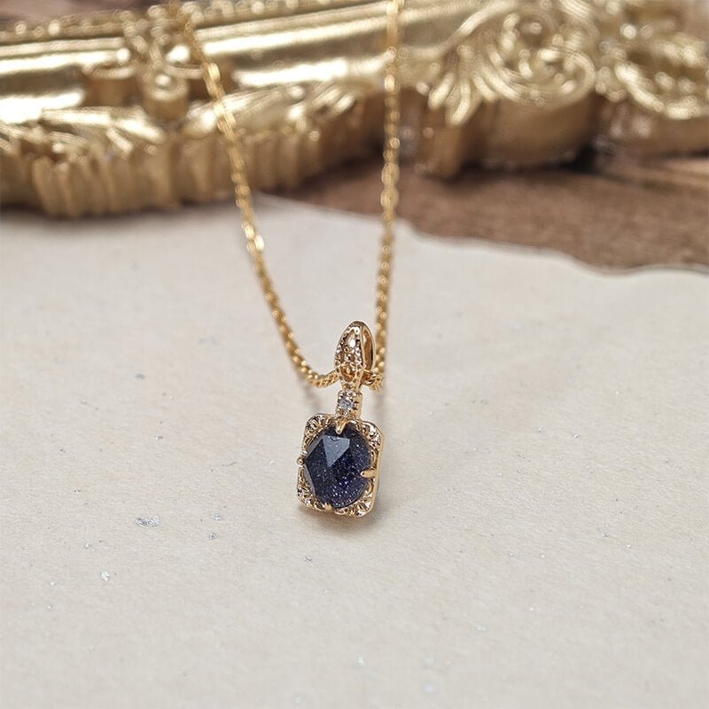 Blue Sandstone & White Zircon Pendant Necklace + Ring Set | 925 Sterling Silver Plated 14K Gold - Aruary Studio ｜ Artisanal Jewelry