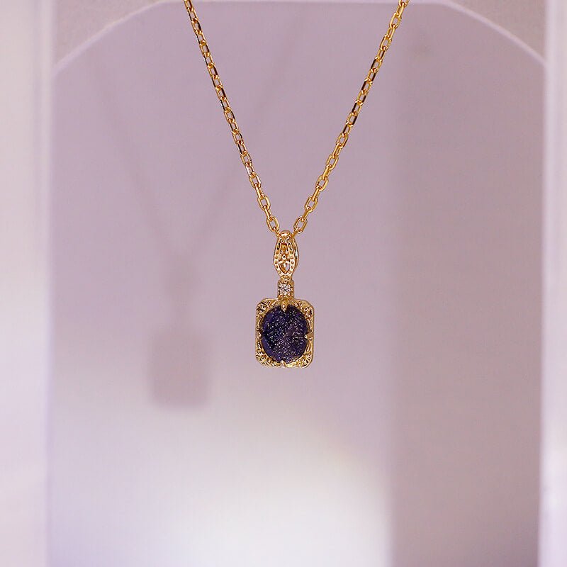 Blue Sandstone & White Zircon Pendant Necklace + Ring Set | 925 Sterling Silver Plated 14K Gold - Aruary Studio ｜ Artisanal Jewelry