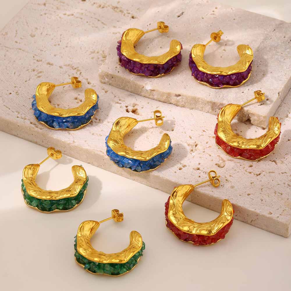 Boho Crystal Stone C-Hoop Earrings | Titanium Gold Plated - Vibrant & Edgy Elegance - Aruary Studio ｜ Artisanal Jewelry