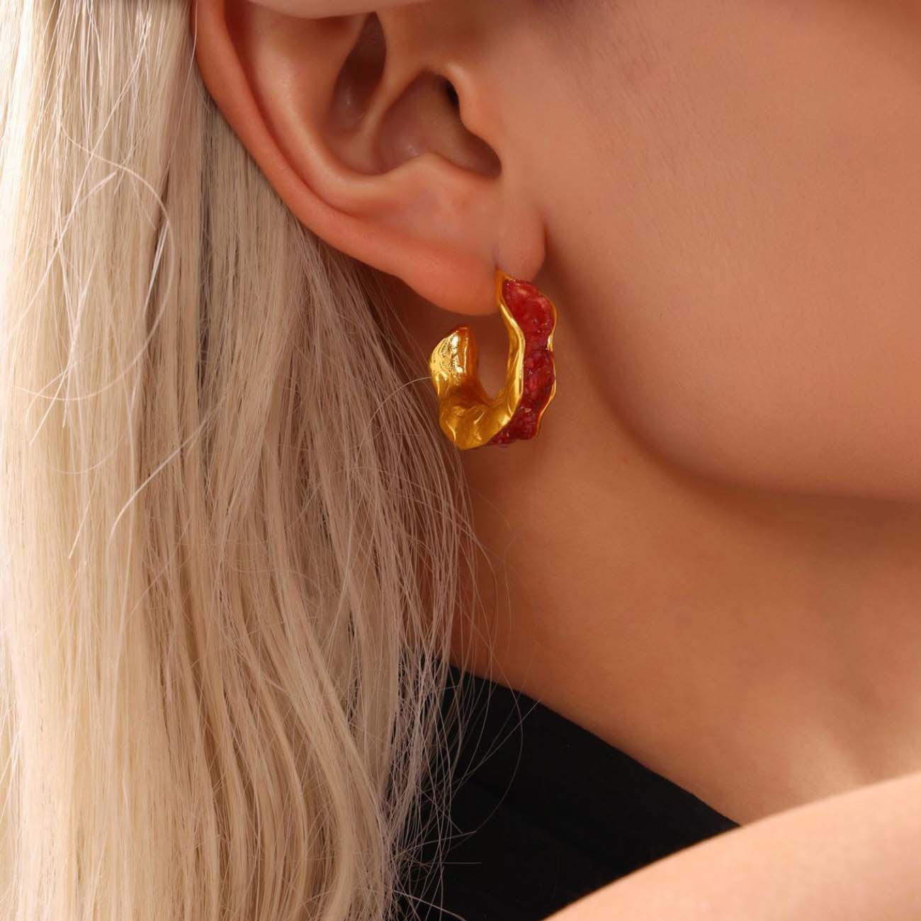 Boho Crystal Stone C-Hoop Earrings | Titanium Gold Plated - Vibrant & Edgy Elegance - Aruary Studio ｜ Artisanal Jewelry