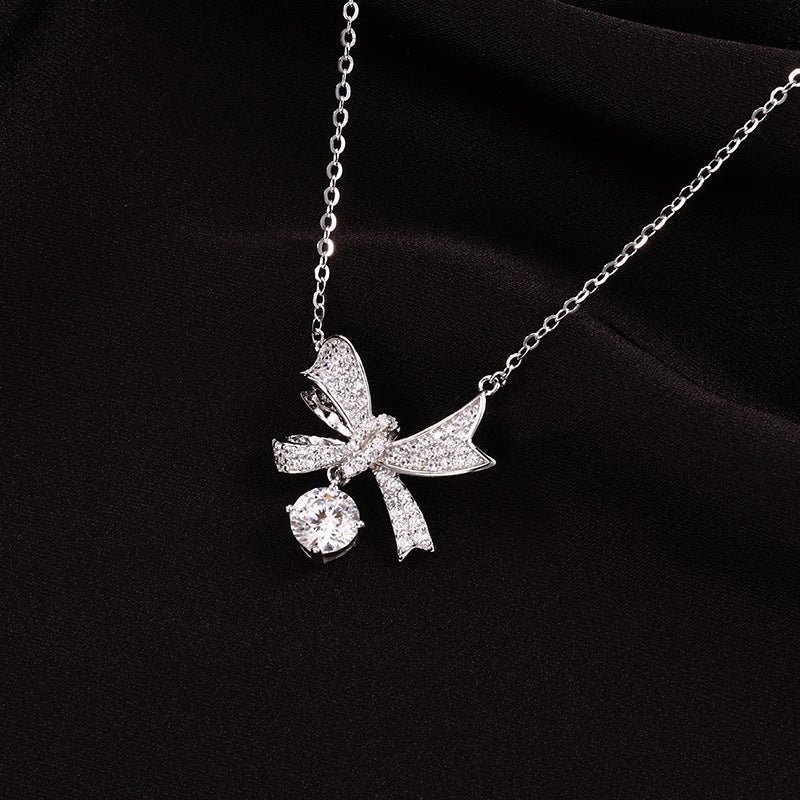Bow Moissanite Necklace | 925 Sterling Silver + 0.5ct Moissanite - Aruary Studio ｜ Artisanal Jewelry