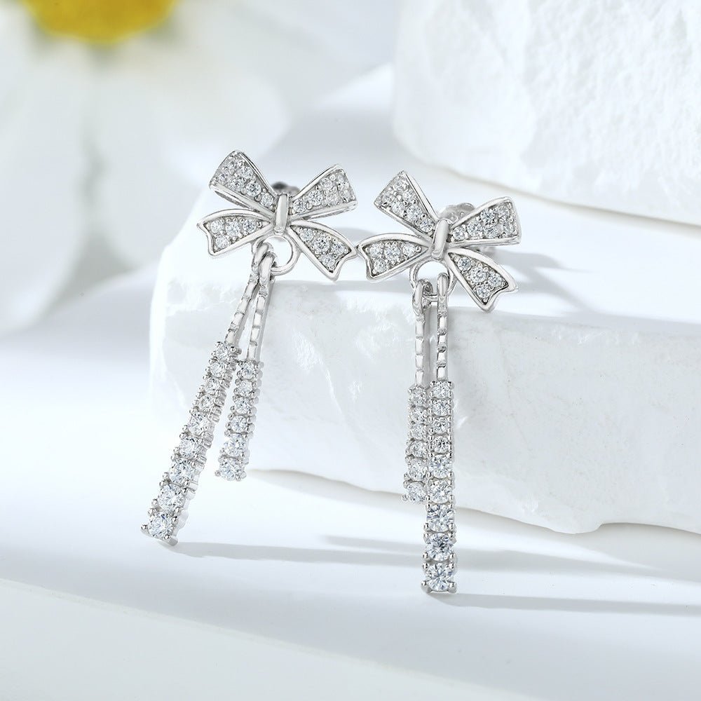 Bowknot Tassel Earrings | S925 Sterling Silver + 5A Zircon - Sweet Elegance with Dazzling Sparkle - Aruary Studio ｜ Artisanal Jewelry