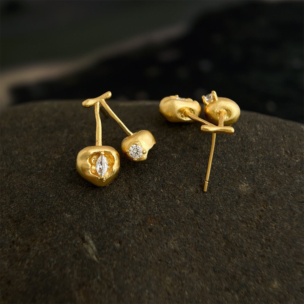 Broken Cherry Zircon Stud Earrings | 18K Gold Plated Copper + Zircon - Artistic Whimsy with Edgy Sparkle - Aruary Studio ｜ Artisanal Jewelry