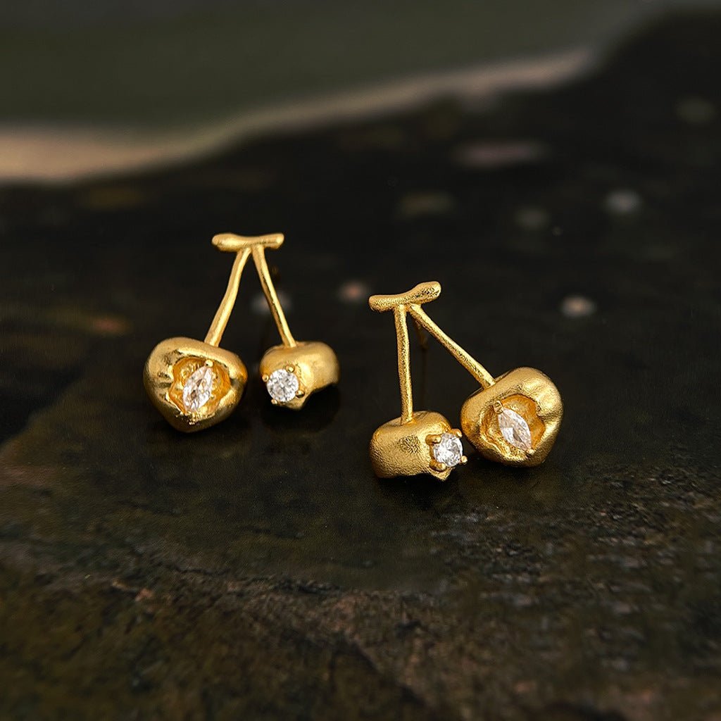 Broken Cherry Zircon Stud Earrings | 18K Gold Plated Copper + Zircon - Artistic Whimsy with Edgy Sparkle - Aruary Studio ｜ Artisanal Jewelry