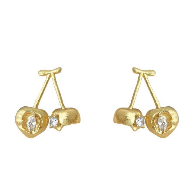 Broken Cherry Zircon Stud Earrings | 18K Gold Plated Copper + Zircon - Artistic Whimsy with Edgy Sparkle - Aruary Studio ｜ Artisanal Jewelry