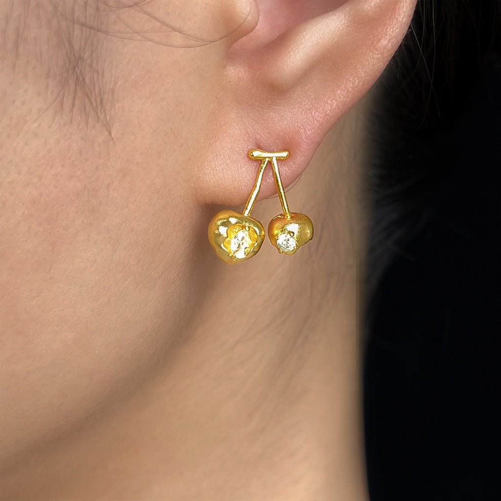 Broken Cherry Zircon Stud Earrings | 18K Gold Plated Copper + Zircon - Artistic Whimsy with Edgy Sparkle - Aruary Studio ｜ Artisanal Jewelry