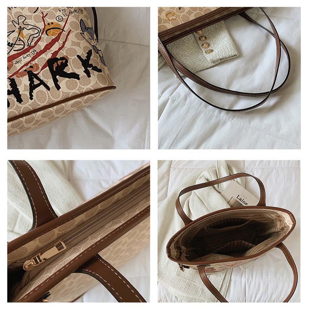 Cartoon Bear Graffiti Tote Bag | PU Leather - Playful Personality with Spacious Functionality - Aruary Studio ｜ Artisanal Jewelry