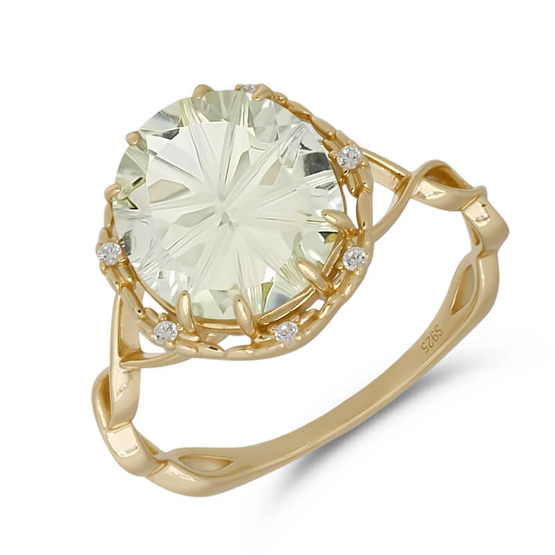 Carved Prasiolite & White Zircon Ring | 925 Sterling Silver Plated 14K Gold - Aruary Studio ｜ Artisanal Jewelry