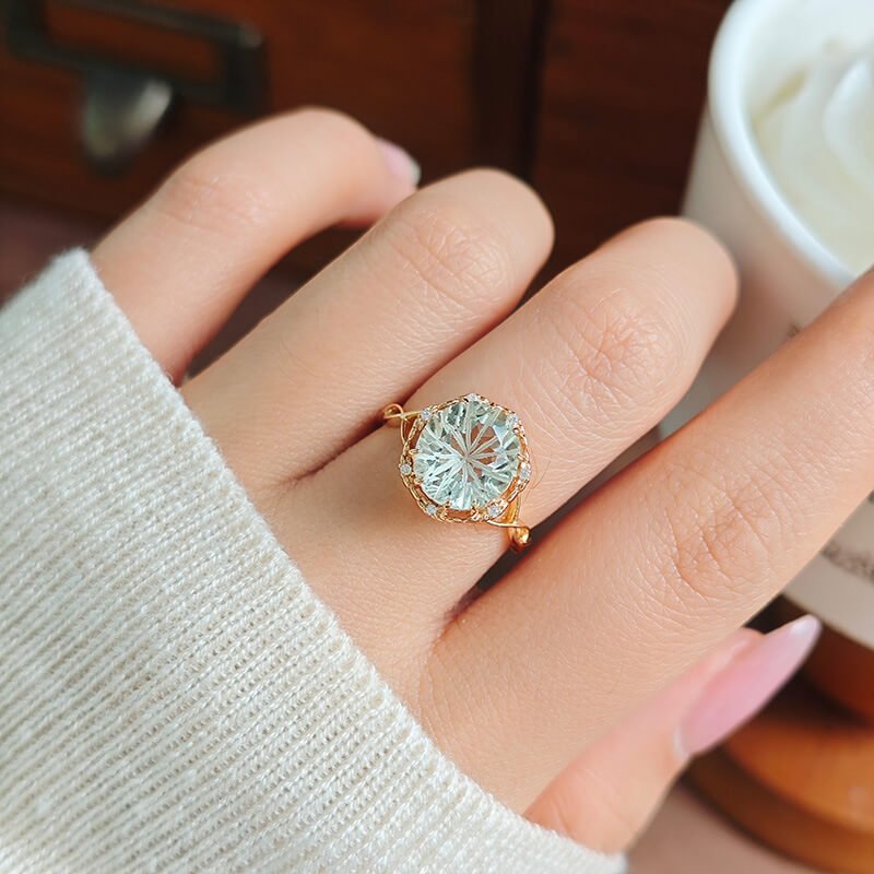 Carved Prasiolite & White Zircon Ring | 925 Sterling Silver Plated 14K Gold - Aruary Studio ｜ Artisanal Jewelry