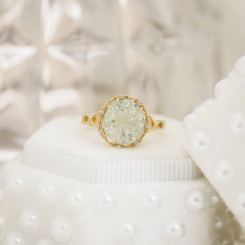 Carved Prasiolite & White Zircon Ring | 925 Sterling Silver Plated 14K Gold - Aruary Studio ｜ Artisanal Jewelry