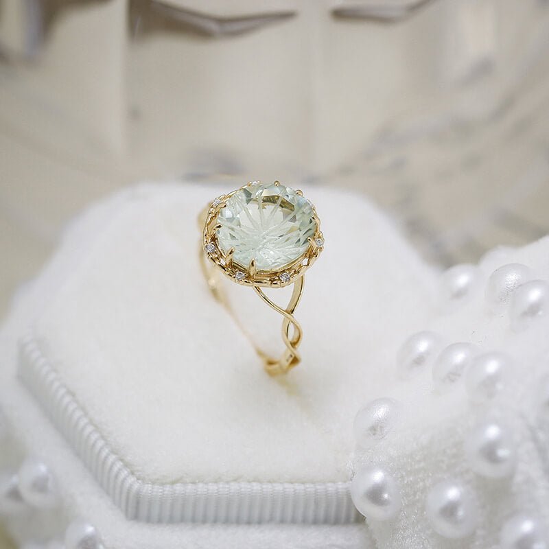 Carved Prasiolite & White Zircon Ring | 925 Sterling Silver Plated 14K Gold - Aruary Studio ｜ Artisanal Jewelry