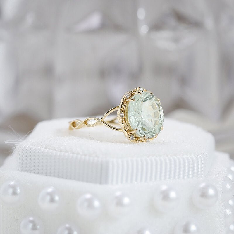 Carved Prasiolite & White Zircon Ring | 925 Sterling Silver Plated 14K Gold - Aruary Studio ｜ Artisanal Jewelry