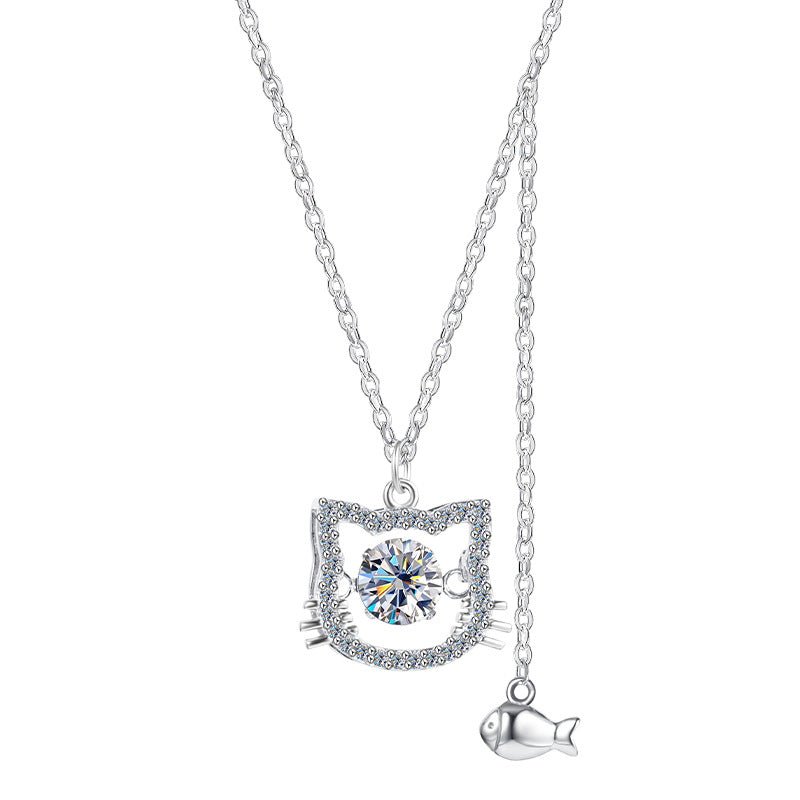 Cat & Fish Moissanite Necklace | 925 Sterling Silver + 0.5ct 5A Moissanite - Aruary Studio ｜ Artisanal Jewelry