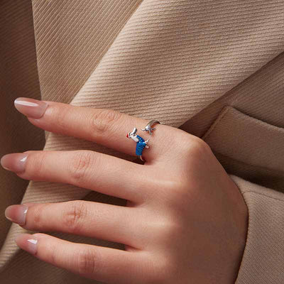 Christmas Dachshund Ring | 925 Sterling Silver - Festive Whimsy with Adjustable Open Design - Aruary Studio ｜ Artisanal Jewelry