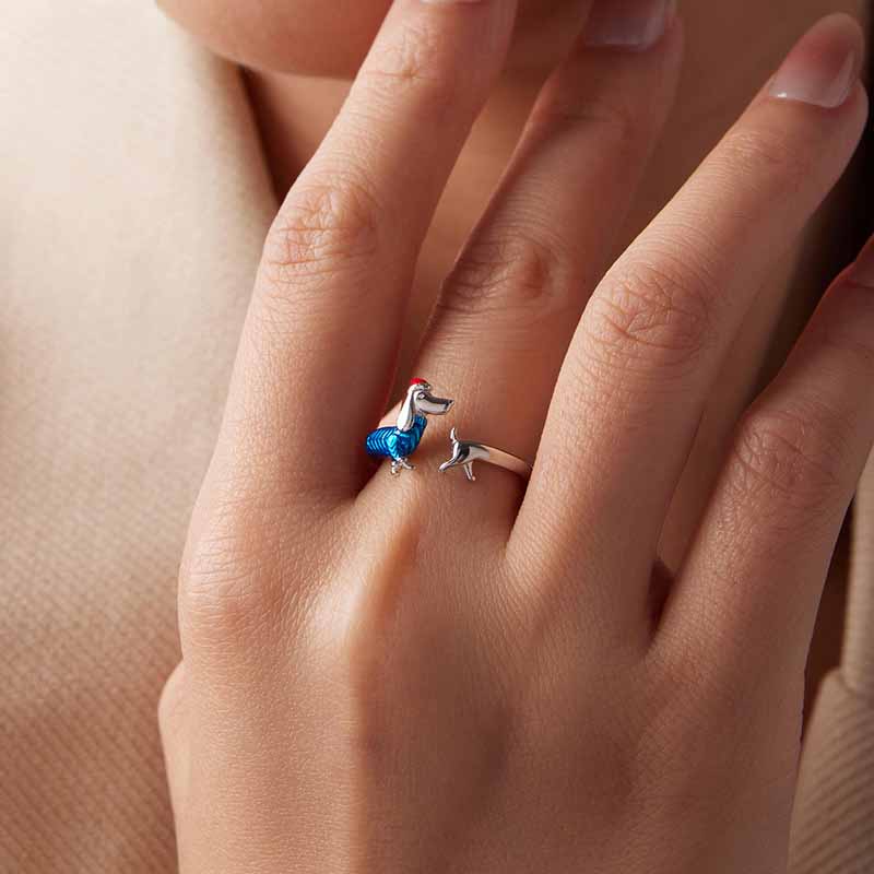 Christmas Dachshund Ring | 925 Sterling Silver - Festive Whimsy with Adjustable Open Design - Aruary Studio ｜ Artisanal Jewelry