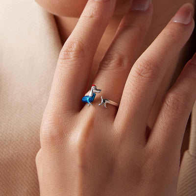 Christmas Dachshund Ring | 925 Sterling Silver - Festive Whimsy with Adjustable Open Design - Aruary Studio ｜ Artisanal Jewelry