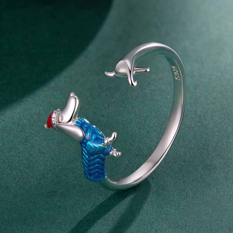 Christmas Dachshund Ring | 925 Sterling Silver - Festive Whimsy with Adjustable Open Design - Aruary Studio ｜ Artisanal Jewelry