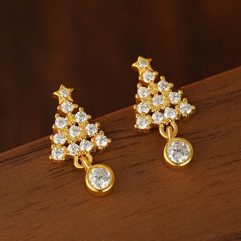 Christmas Tree Stud Earrings | S925 Sterling Silver with Gold/Platinum Plating + Premium Zircon - Aruary Studio ｜ Artisanal Jewelry