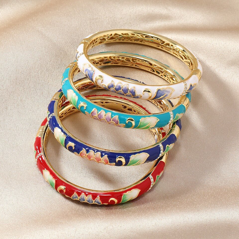 Cloisonné Enamel Lotus Bracelet | 18K Gold - Plated + Zircon Accents - Aruary Studio ｜ Artisanal Jewelry