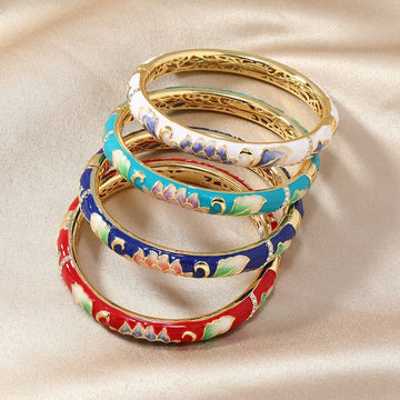 Cloisonné Enamel Lotus Bracelet | 18K Gold - Plated + Zircon Accents - Aruary Studio ｜ Artisanal Jewelry
