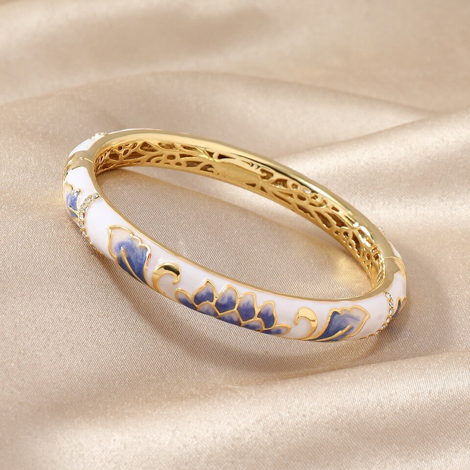 Cloisonné Enamel Lotus Bracelet | 18K Gold - Plated + Zircon Accents - Aruary Studio ｜ Artisanal Jewelry