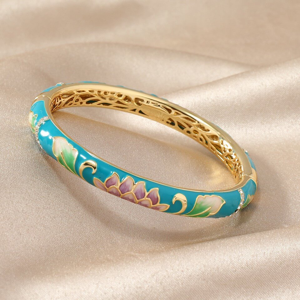 Cloisonné Enamel Lotus Bracelet | 18K Gold - Plated + Zircon Accents - Aruary Studio ｜ Artisanal Jewelry