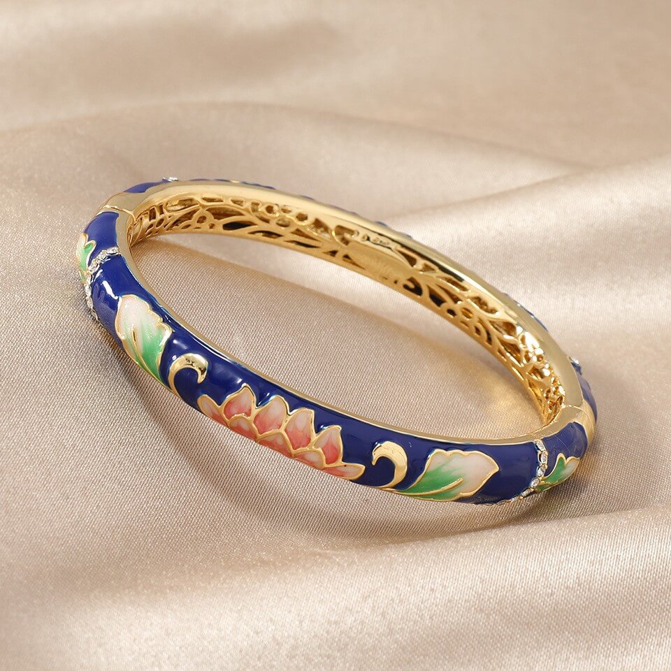 Cloisonné Enamel Lotus Bracelet | 18K Gold - Plated + Zircon Accents - Aruary Studio ｜ Artisanal Jewelry