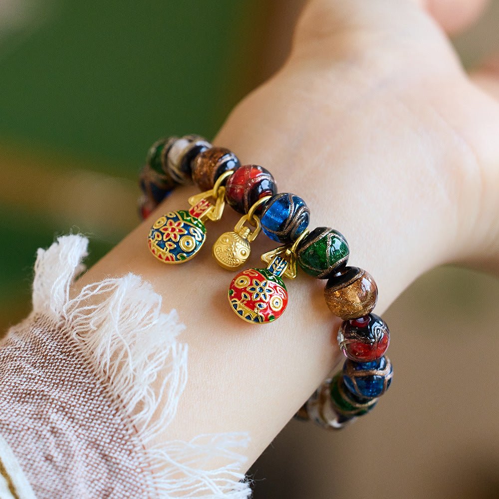 Colorful Incense Ash Glaze "Gold - Swallowing Beast" Bracelet | Handmade Beads + Alloy Accents - Symbol of Prosperity, Wealth, and Family Blessings - Aruary Studio ｜ Artisanal Jewelry