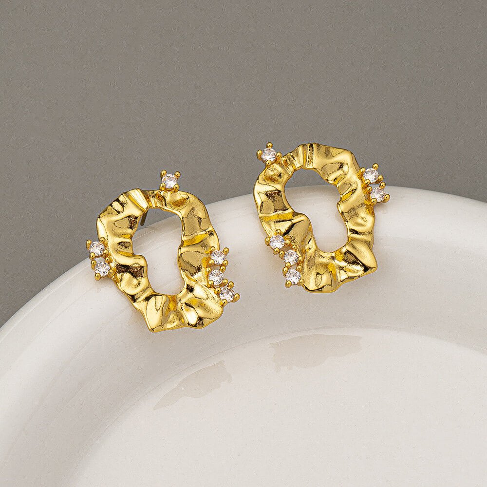 Crinkled Free - Form 18K Gold - Plated Stud Earrings | Titanium Steel + Zircon - Aruary Studio ｜ Artisanal Jewelry