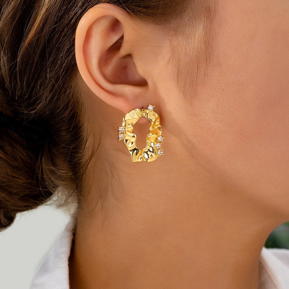 Crinkled Free - Form 18K Gold - Plated Stud Earrings | Titanium Steel + Zircon - Aruary Studio ｜ Artisanal Jewelry
