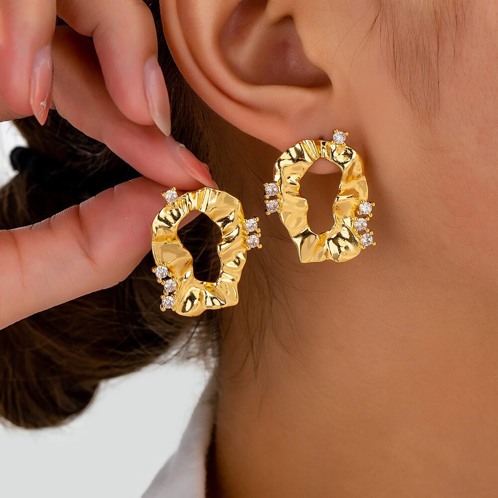 Crinkled Free - Form 18K Gold - Plated Stud Earrings | Titanium Steel + Zircon - Aruary Studio ｜ Artisanal Jewelry