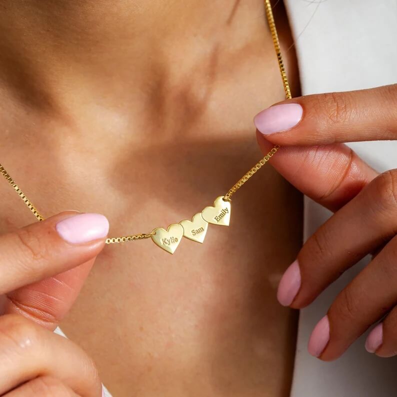 Custom Multi - Heart Engraved Necklace | 18K Gold - Plated Titanium Steel - Aruary Studio ｜ Artisanal Jewelry