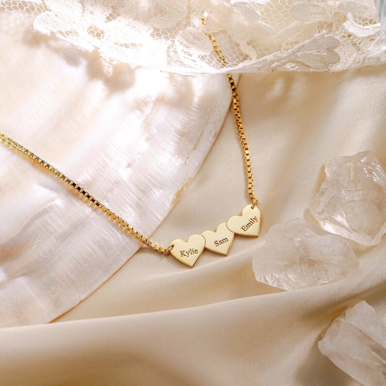 Custom Multi - Heart Engraved Necklace | 18K Gold - Plated Titanium Steel - Aruary Studio ｜ Artisanal Jewelry