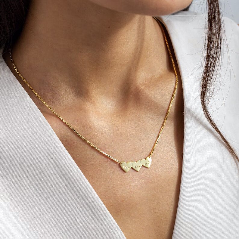 Custom Multi - Heart Engraved Necklace | 18K Gold - Plated Titanium Steel - Aruary Studio ｜ Artisanal Jewelry