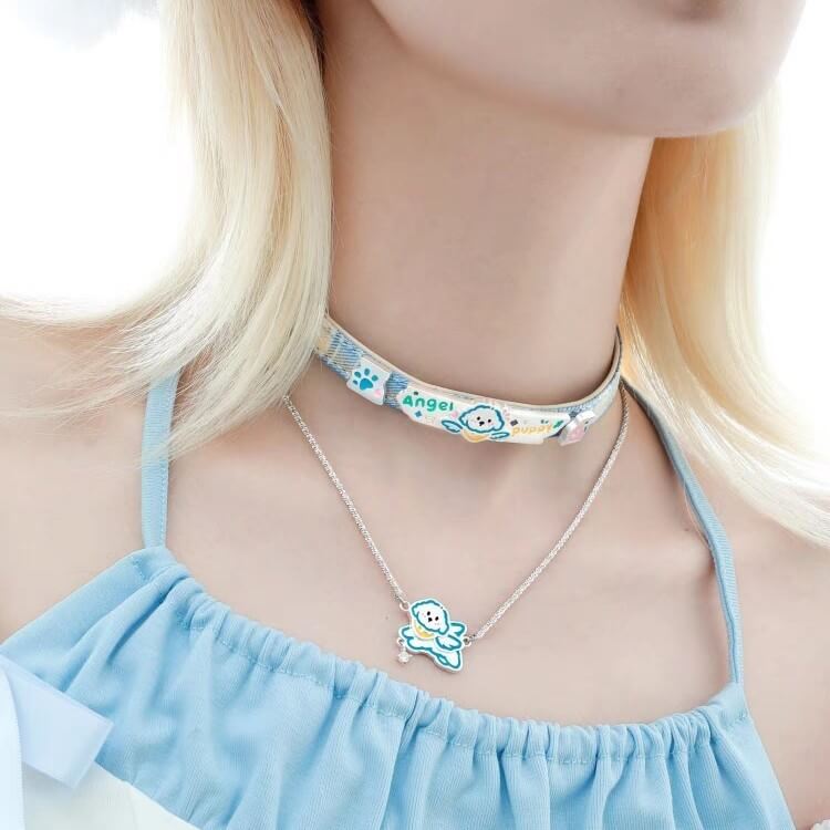 Cute Angel Puppy Charm Necklace – Hand - Enameled Kawaii Dog Pendant Jewelry for Pet Lovers, Dainty Silver - Tone Chain - Aruary Studio ｜ Artisanal Jewelry