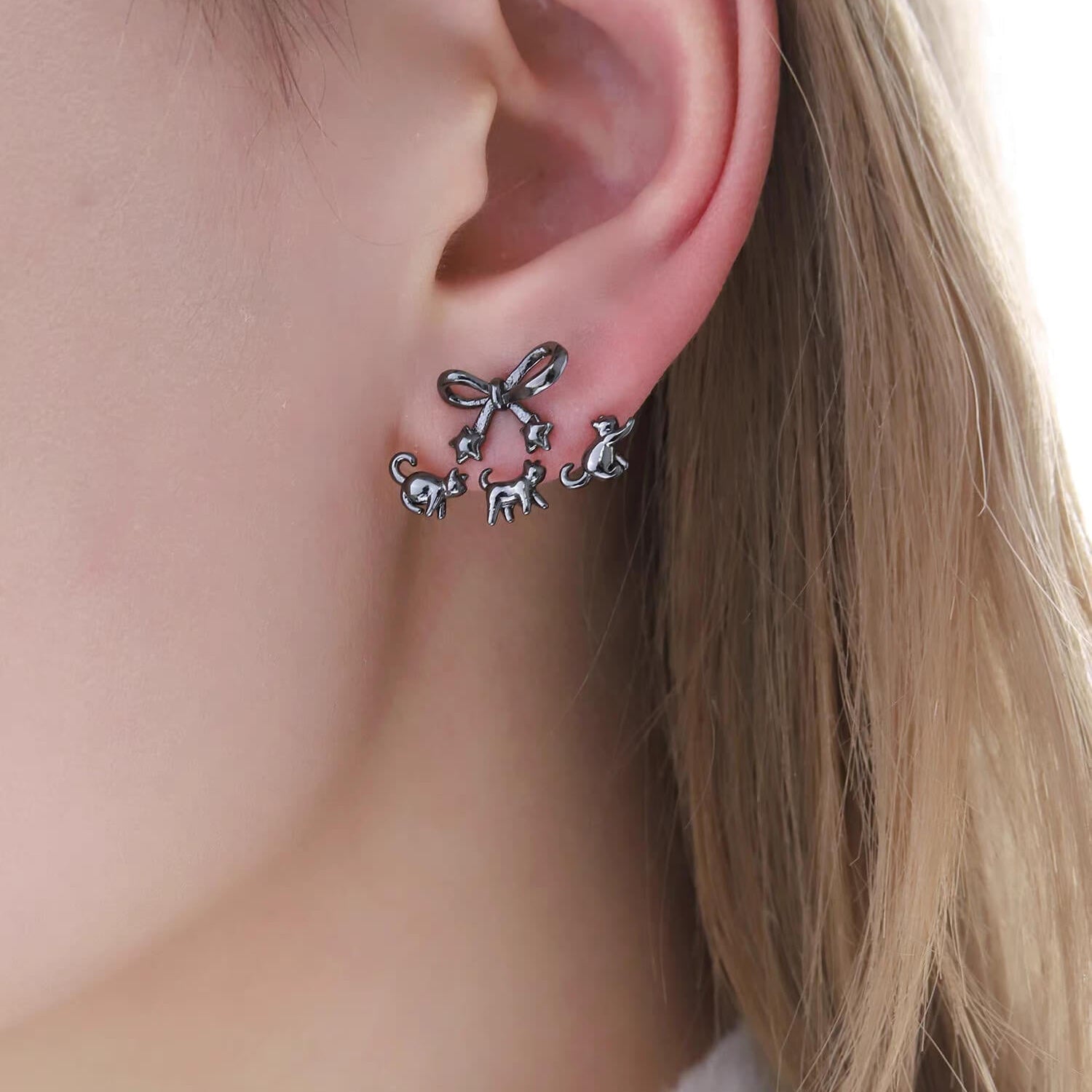 Cute Cat & Bow Drop Earrings for Women | Whimsical Kitten Dangle Earrings | S925 Silver Needle Minimalist Animal Jewelry Gift for Cat Lovers - Aruary Studio ｜ Artisanal Jewelry