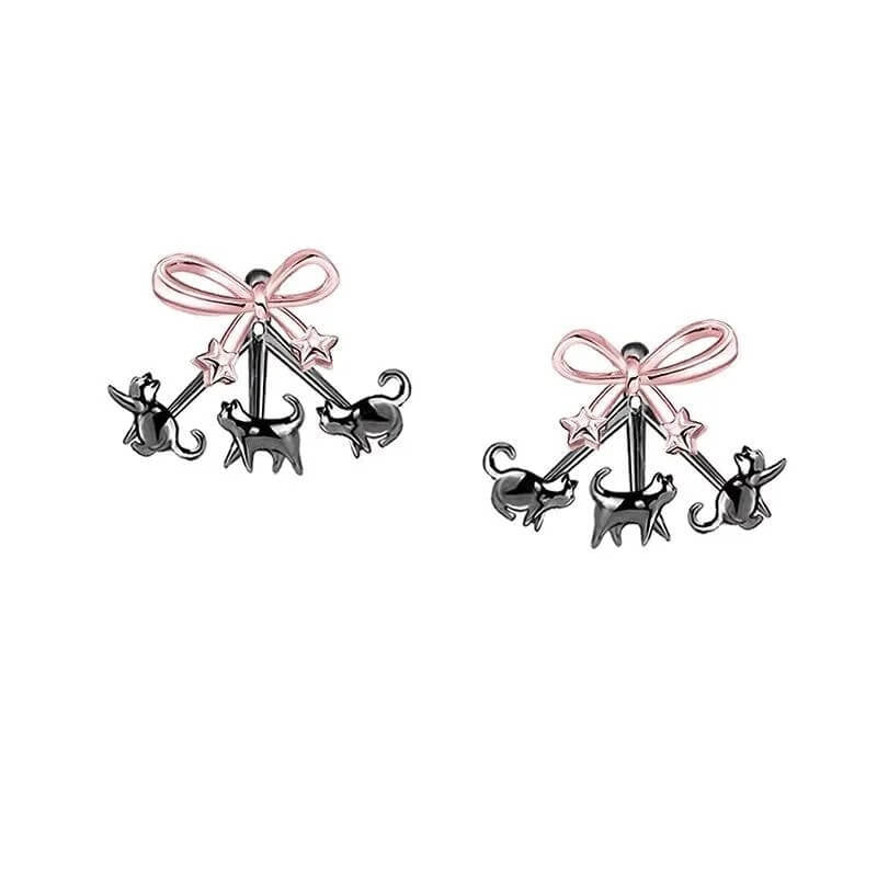 Cute Cat & Bow Drop Earrings for Women | Whimsical Kitten Dangle Earrings | S925 Silver Needle Minimalist Animal Jewelry Gift for Cat Lovers - Aruary Studio ｜ Artisanal Jewelry