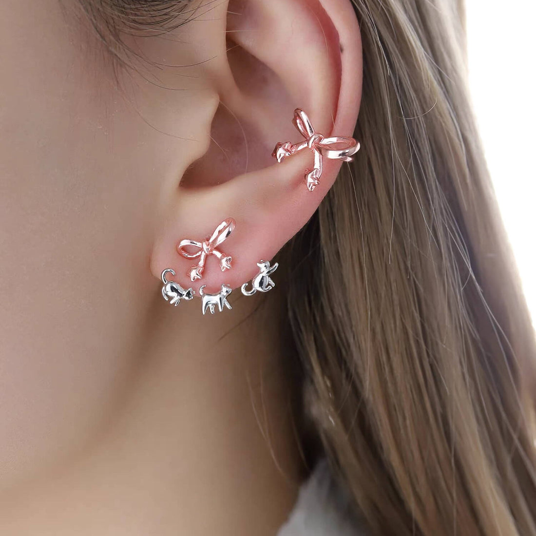 Cute Cat & Bow Drop Earrings for Women | Whimsical Kitten Dangle Earrings | S925 Silver Needle Minimalist Animal Jewelry Gift for Cat Lovers - Aruary Studio ｜ Artisanal Jewelry