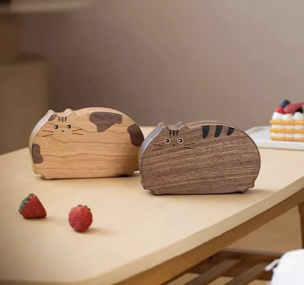 Cute Cat - Shaped Wooden Jewelry Box - Handcrafted from Cherry & Walnut Wood for Jewelry Organization - Aruary Studio ｜ Artisanal Jewelry