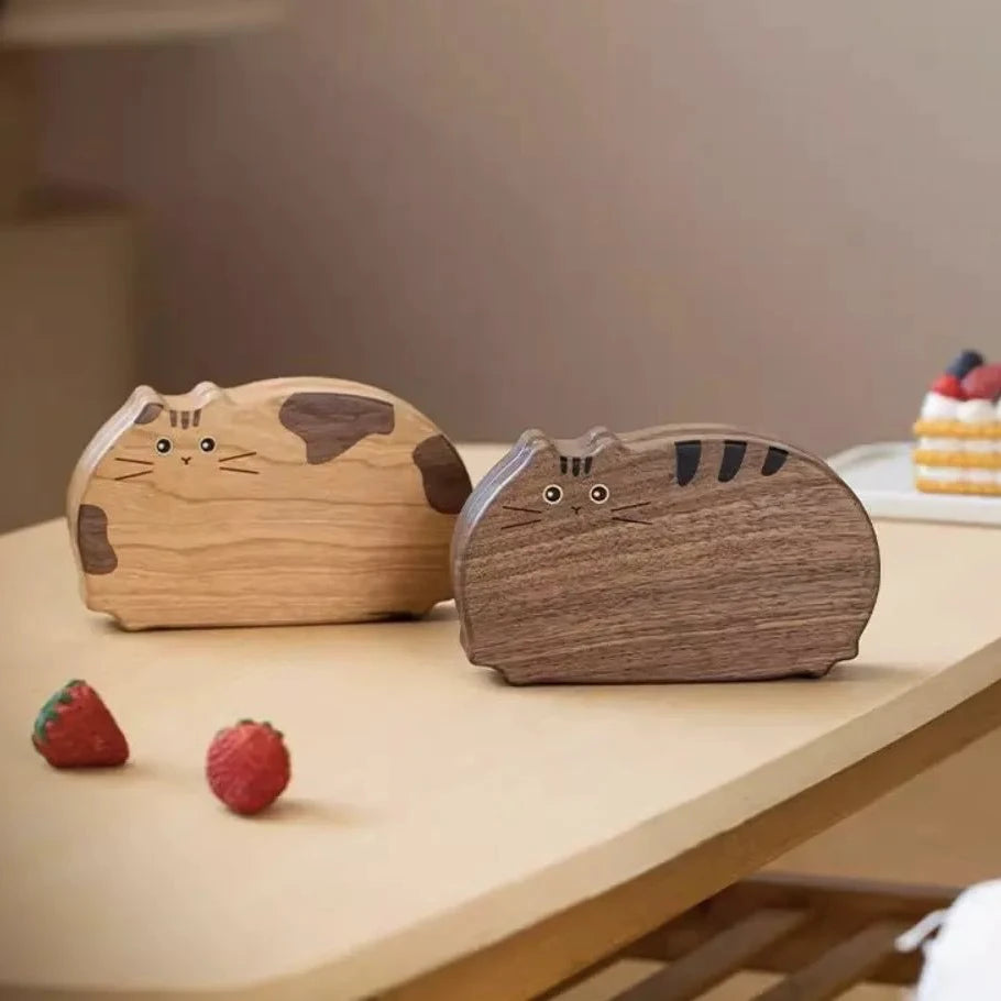 Cute Cat - Shaped Wooden Jewelry Box - Handcrafted from Cherry & Walnut Wood for Jewelry Organization - Aruary Studio ｜ Artisanal Jewelry