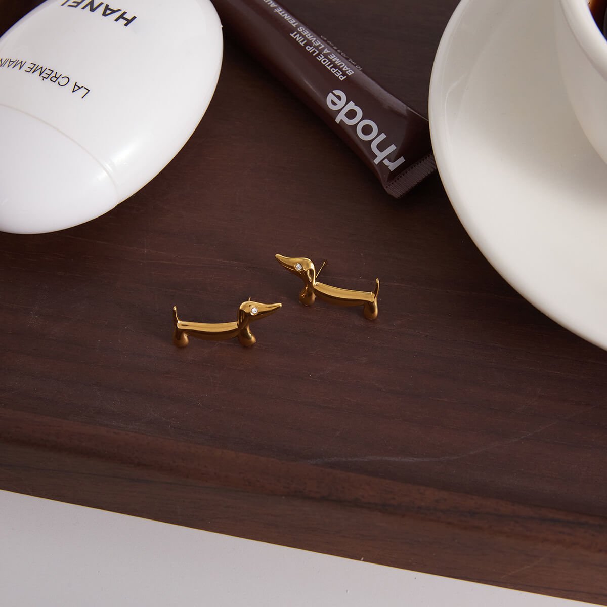 Dachshund 18K Gold - Plated Stud Earrings | Titanium Steel + 5A Zircon - Aruary Studio ｜ Artisanal Jewelry