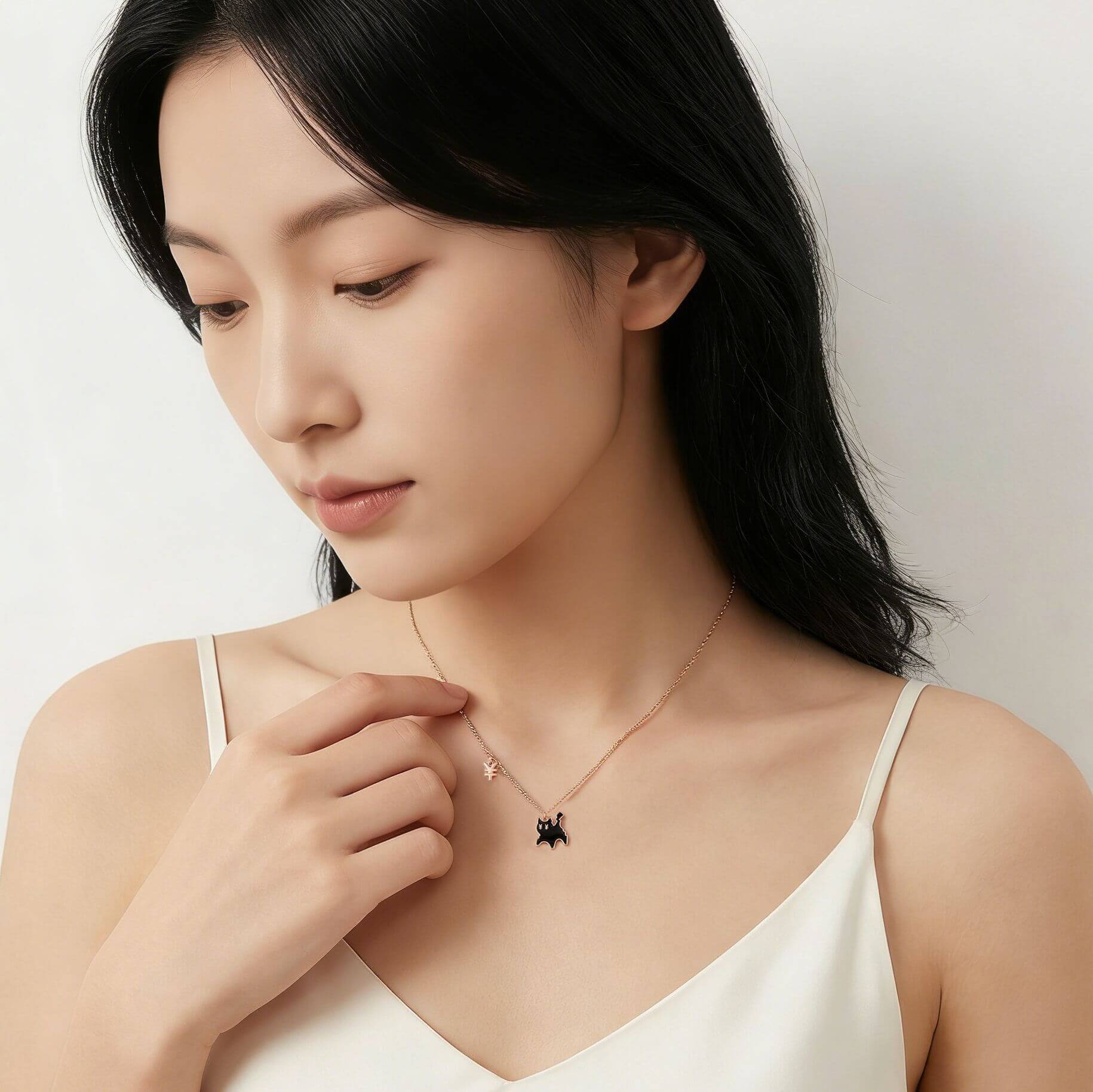 Dainty Black Cat Pendant Necklace with Currency Charm - Rose Gold Lucky Cat Jewelry for Her - Aruary Studio ｜ Artisanal Jewelry
