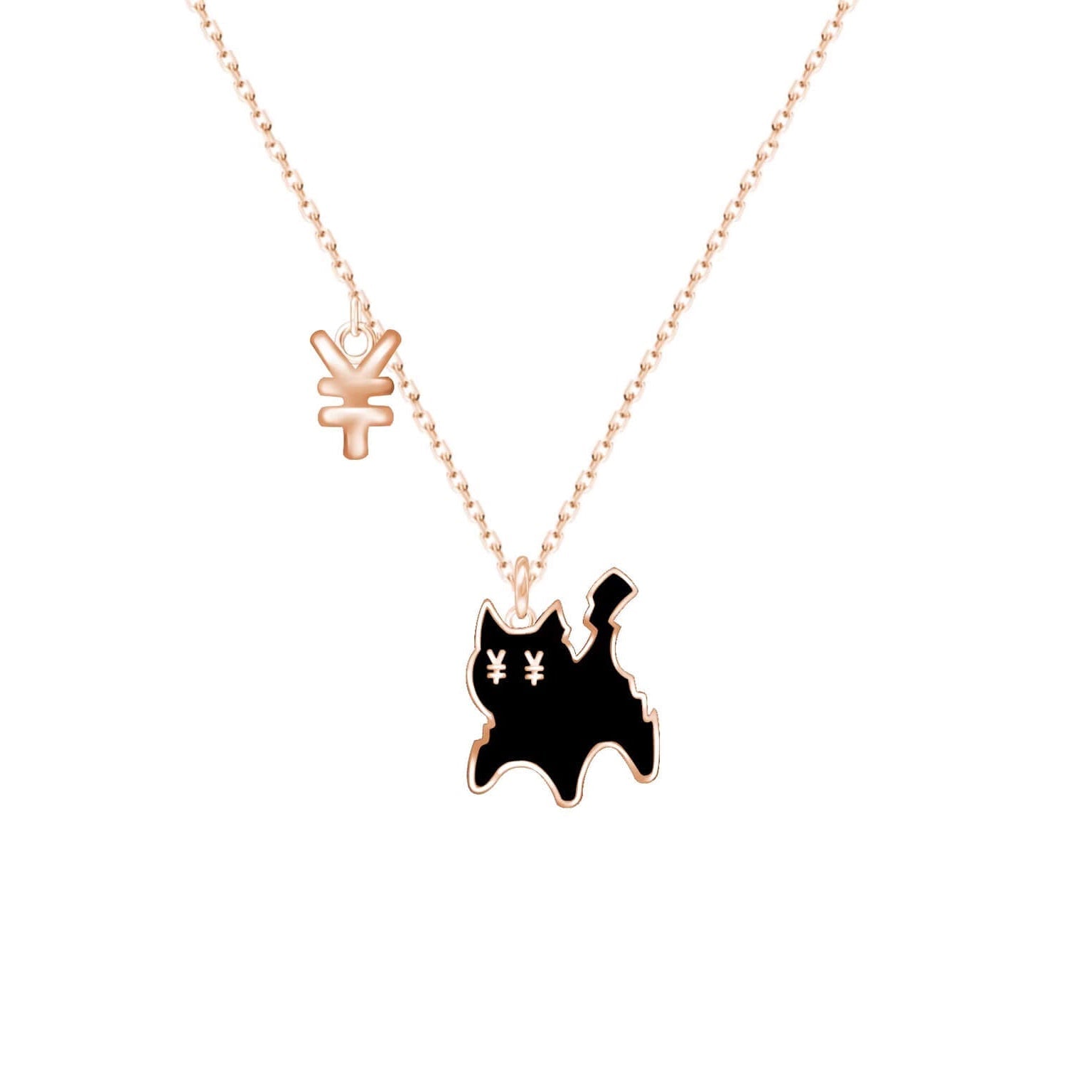 Dainty Black Cat Pendant Necklace with Currency Charm - Rose Gold Lucky Cat Jewelry for Her - Aruary Studio ｜ Artisanal Jewelry