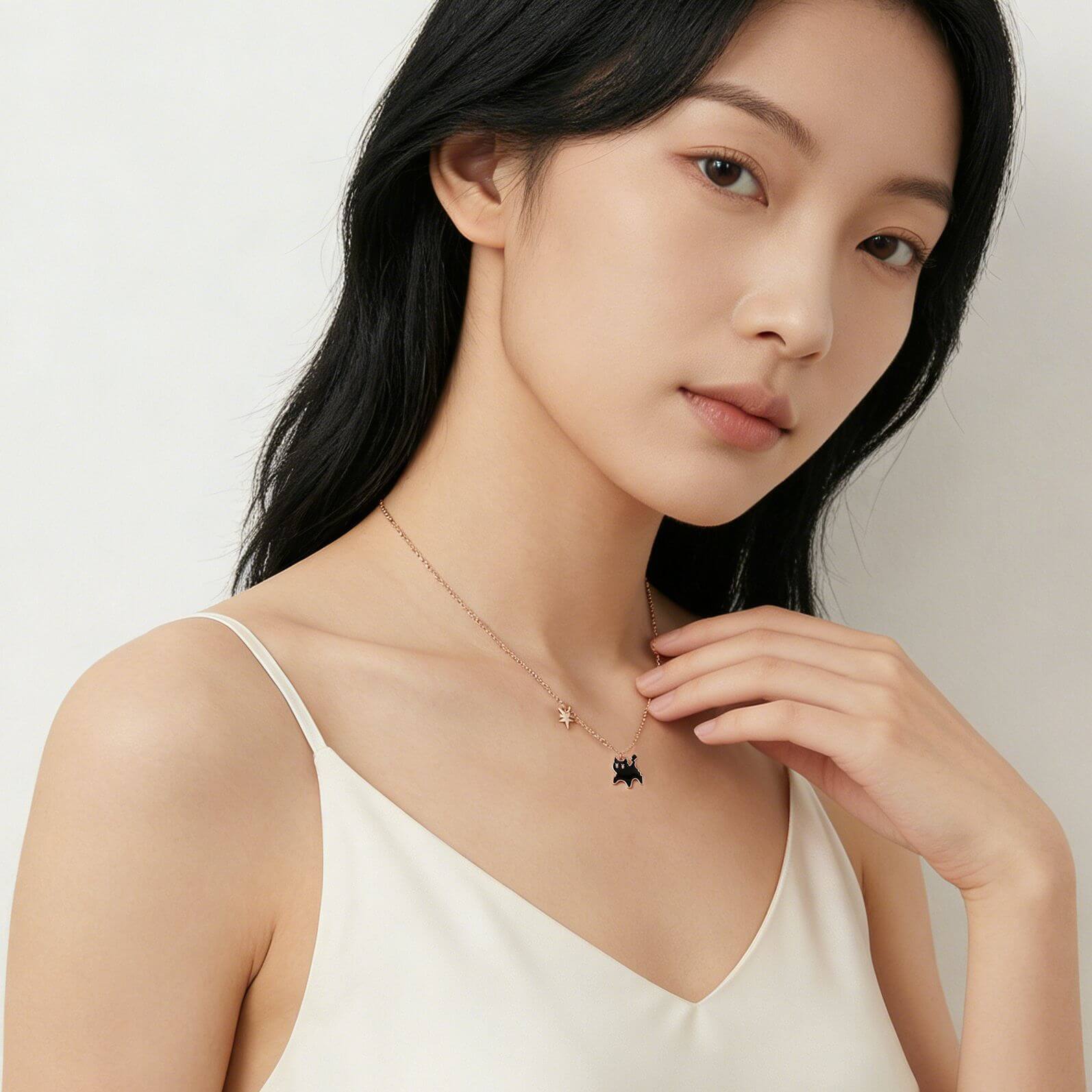 Dainty Black Cat Pendant Necklace with Currency Charm - Rose Gold Lucky Cat Jewelry for Her - Aruary Studio ｜ Artisanal Jewelry