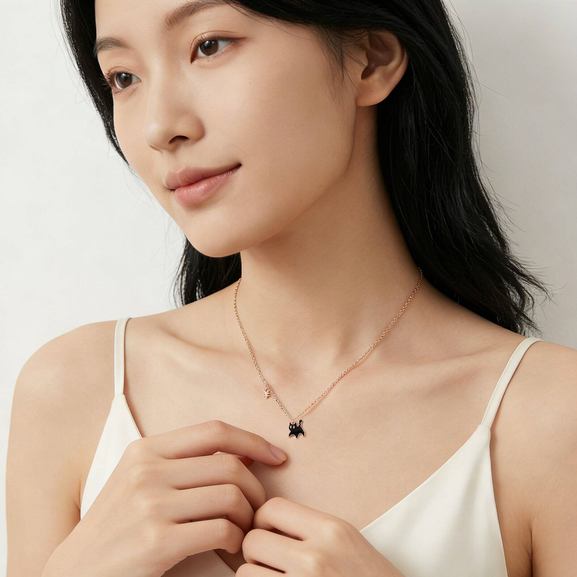 Dainty Black Cat Pendant Necklace with Currency Charm - Rose Gold Lucky Cat Jewelry for Her - Aruary Studio ｜ Artisanal Jewelry
