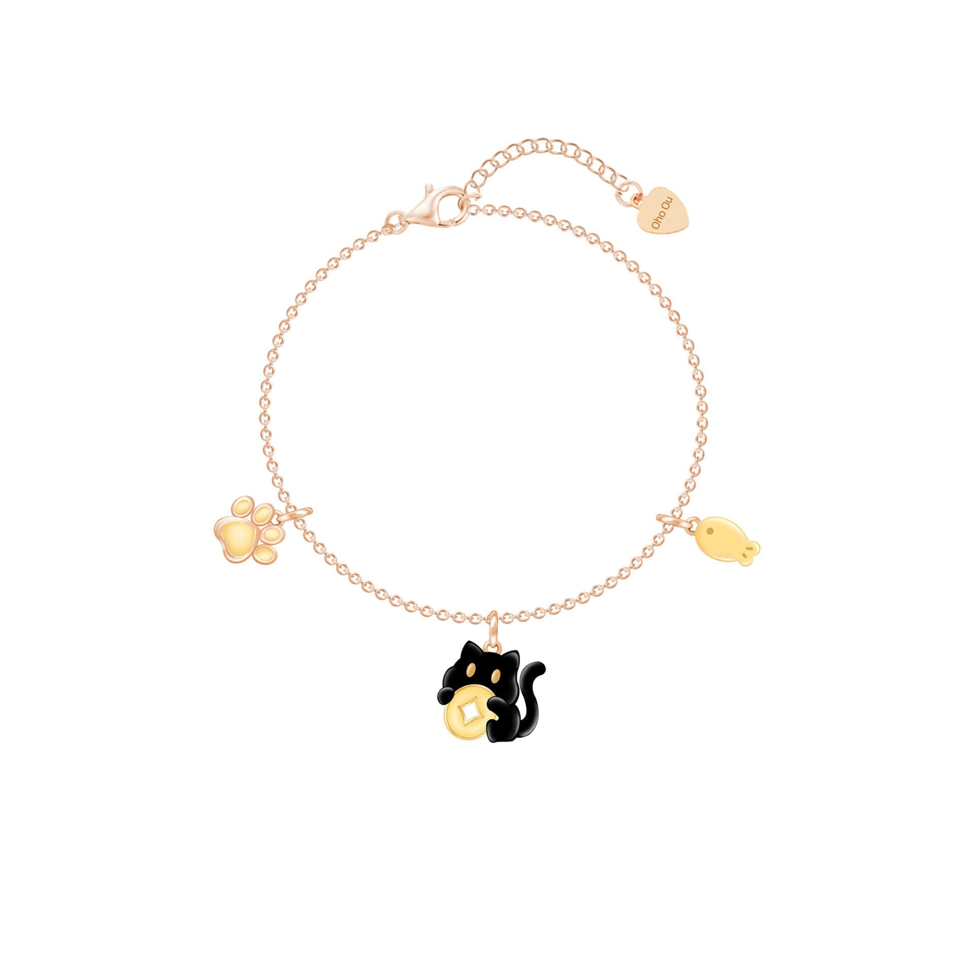 Dainty Black Lucky Cat Charm Bracelet - Rose Gold Paw & Fish Pendant Jewelry, Unique Cat Lover Gift for Women - Aruary Studio ｜ Artisanal Jewelry