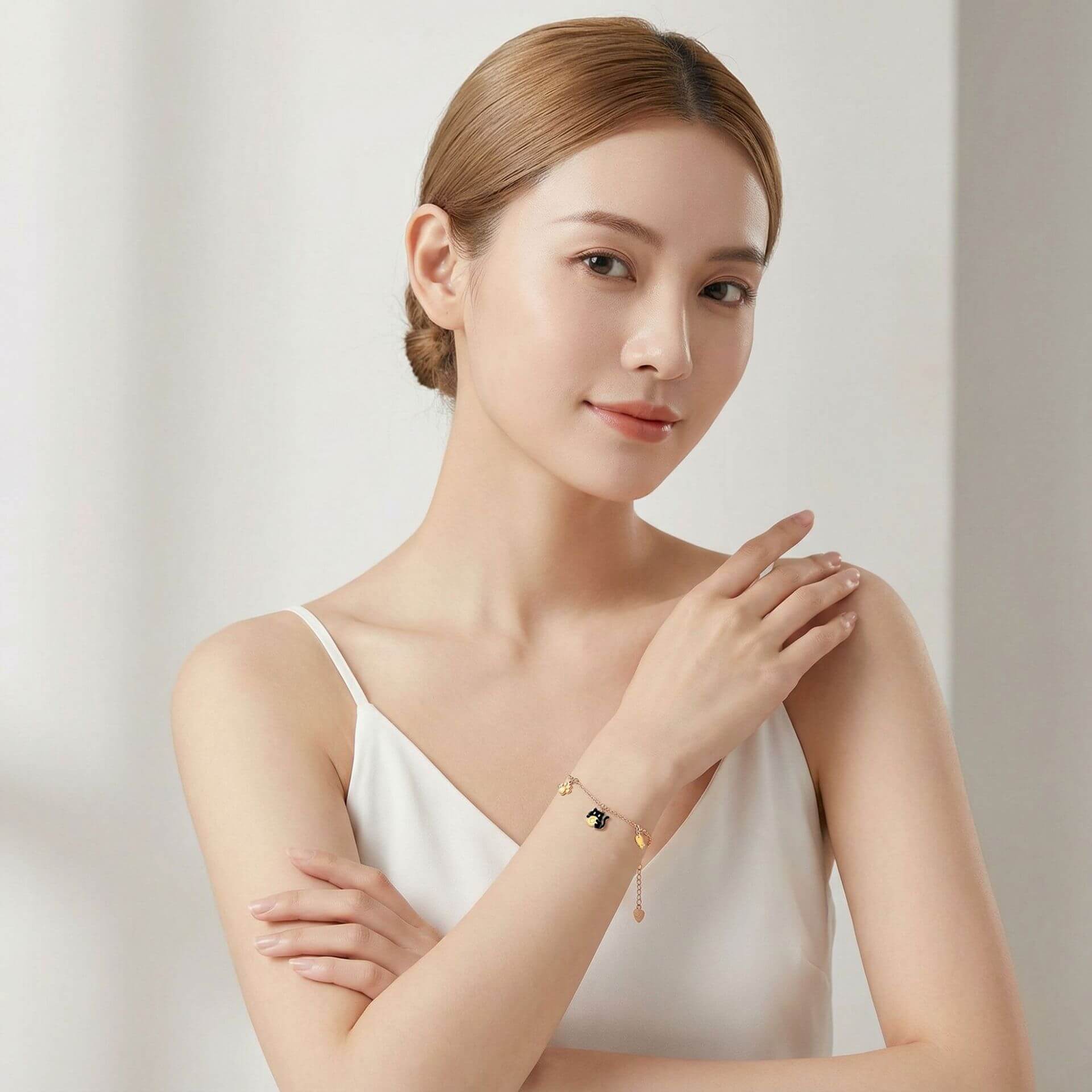 Dainty Black Lucky Cat Charm Bracelet - Rose Gold Paw & Fish Pendant Jewelry, Unique Cat Lover Gift for Women - Aruary Studio ｜ Artisanal Jewelry