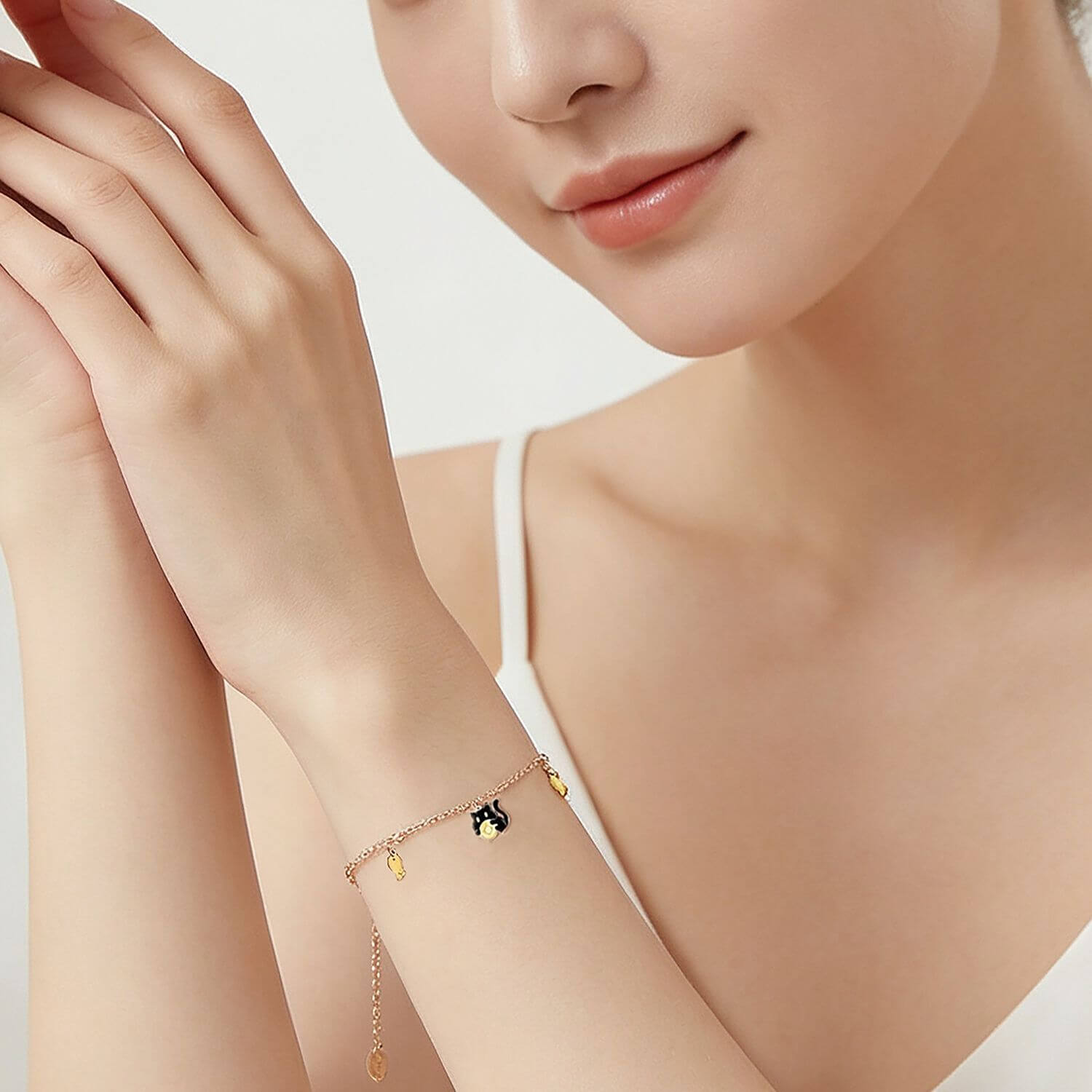 Dainty Black Lucky Cat Charm Bracelet - Rose Gold Paw & Fish Pendant Jewelry, Unique Cat Lover Gift for Women - Aruary Studio ｜ Artisanal Jewelry
