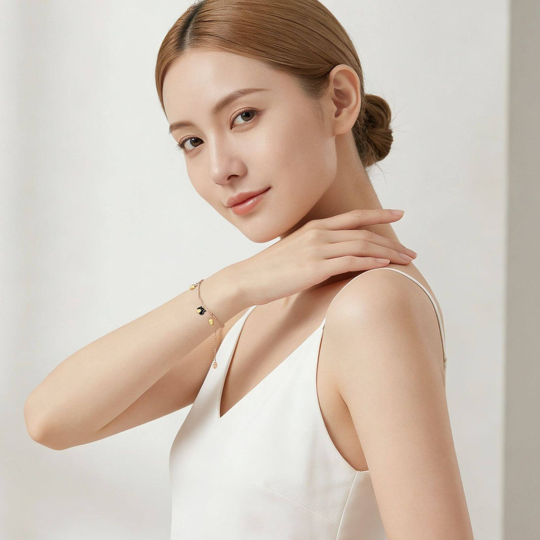 Dainty Black Lucky Cat Charm Bracelet - Rose Gold Paw & Fish Pendant Jewelry, Unique Cat Lover Gift for Women - Aruary Studio ｜ Artisanal Jewelry