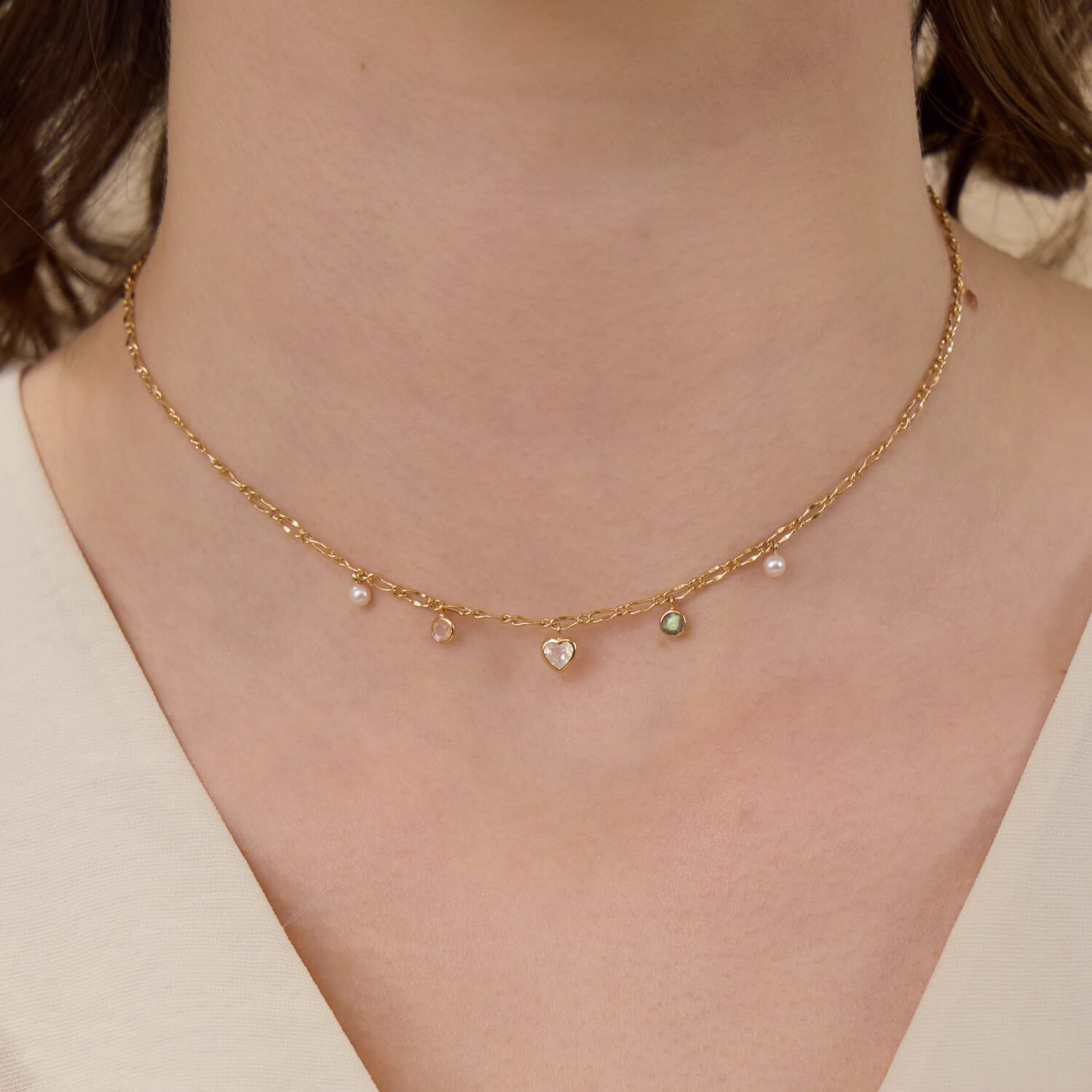 Close-up of a model wearing a gold dainty heart choker necklace, demonstrating the adjustable 37cm to 45cm length.